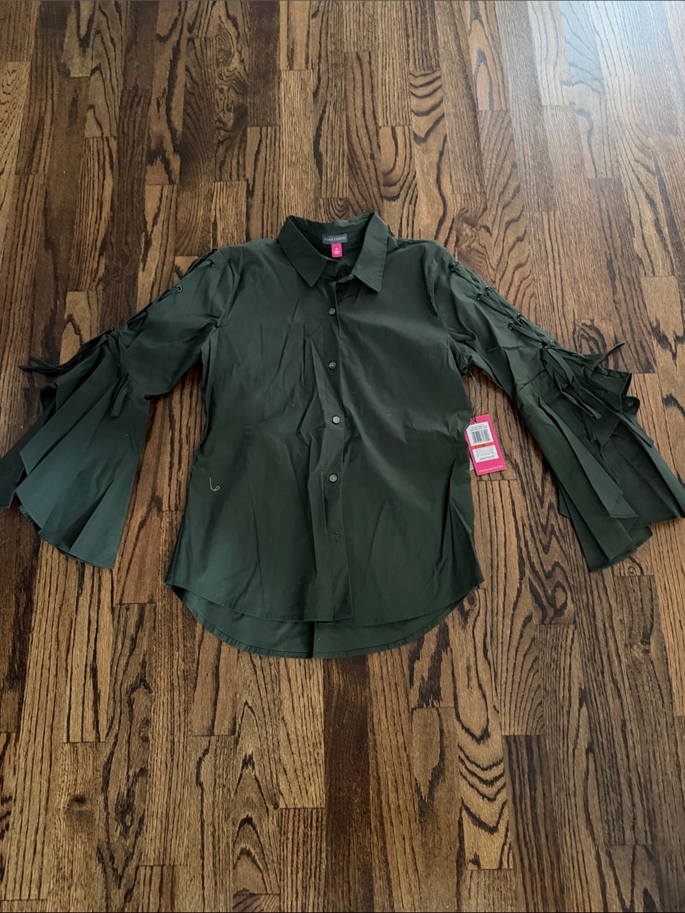 NWT Vince Camino Olive Green Button-Up Top with Tie-Detail Sleeves